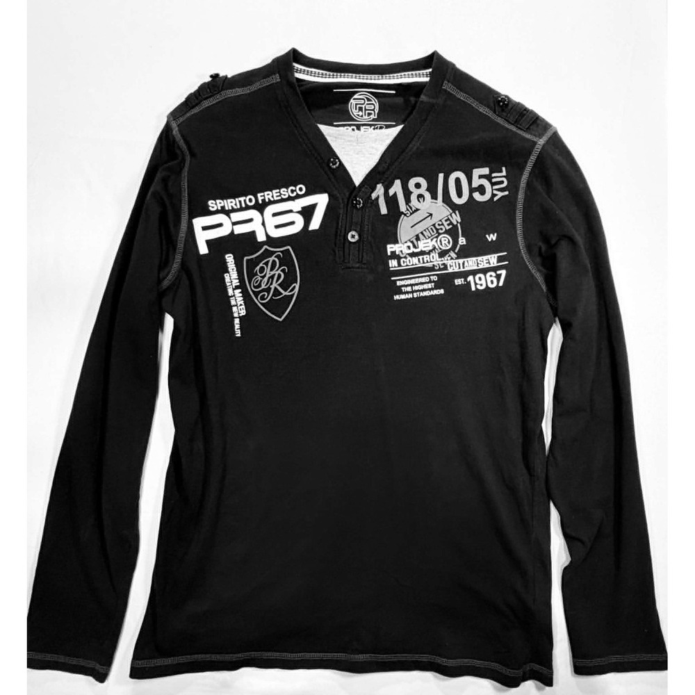 Projek Raw Men's Long Sleeve Henley Graphic Shirt Black Size Large L Spirito Fre